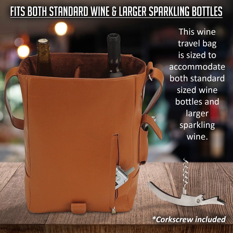 Primeware Vino2 Two Bottles Saddle Leather Wine Tote Messenger Carrier (Brown) - Image 4